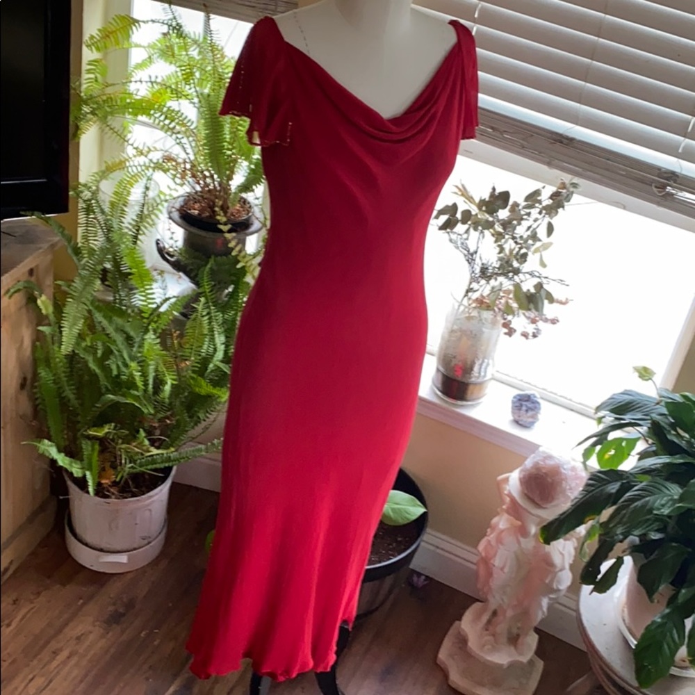Crimson silk gown golden bead trim ruffle sleeves